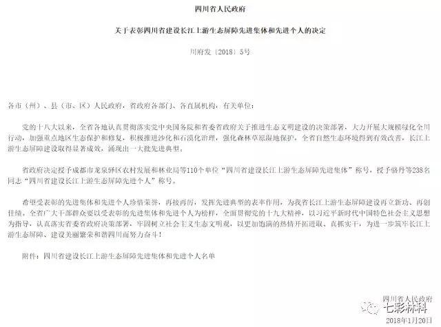 重磅来袭！七彩林业荣获“四川省建设长江上游生态屏障先进集体”称号！