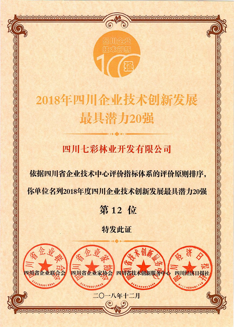 2018年四川企业技术创新发展最具潜力20强第12位