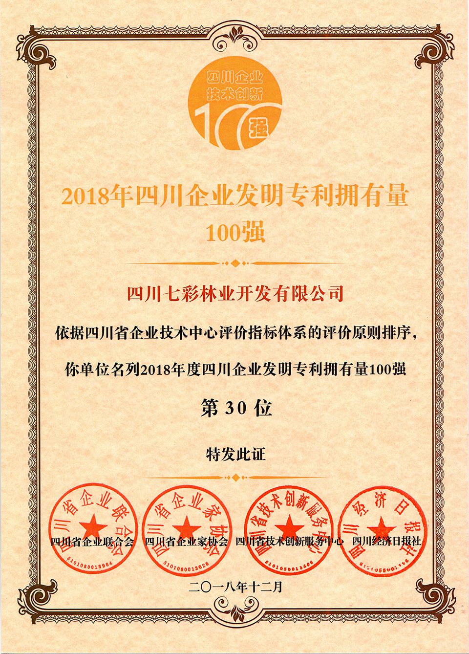 2018年四川企业发明专利拥有量100强第30位